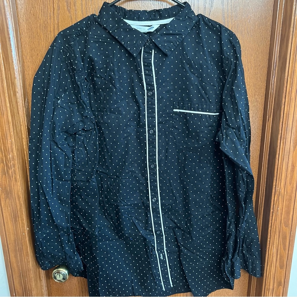 Old Navy Black With white Polka Dots White Piping Button Down Shirt Size XXL